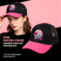 Gorra Trucker Negra Retro con Parche Tejido de Grulla Oriental y Sakura, Unisex, Transpirable, de Malla, para Uso Diario y Viajes al Aire Libre