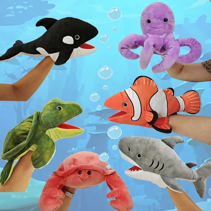 Siap untuk dikirim dengan MOQ kecil boneka gurita mewah ikan mas paus hiu ikan mas kepiting hewan laut boneka tangan mewah