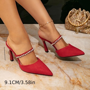 Chaussures de mariée pour femmes, ornées de cristaux, à bout pointu, talons hauts, imperméables, rouges, élégantes, sexy et simples pour l'été - Product Image 4