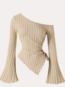 2026 Blouse Femme à Manches Longues Évasées et Ourlet Irrégulier, Tricotée Sexy avec Cordon de Serrage, Haut T-shirt - Product Image 3