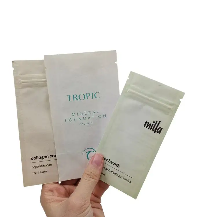 त्वचा उत्पाद नींव के लिए बायोडिग्रेडेबल साकेट कॉस्मेटिक नमूना साचेट 3 मिली 5 मिली तरल तेल पेपर बैग