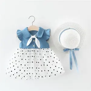 Children's Summer Clothing Girl Party Dresses Denim Bow Tie Stitching Polka Dot Dress With Hat Toddler Baby Girls Mesh Dress