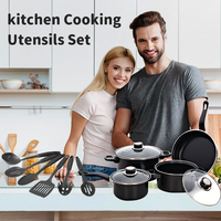 Ensemble de 13 ustensiles de cuisine en fonte antiadhésifs durables, multifonctionnels, avec marmite à soupe, casserole à lait, poêle à frire et couvercles en verre transparent, style américain