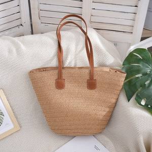 Sac fourre-tout en papier tressé, forme trapèze, couleur unie, en paille, sac de plage pour femme, fermeture ouverte, pochette pour téléphone - Product Image 4