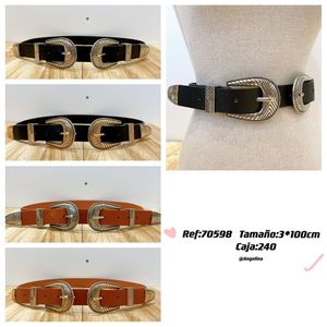 Cintura in vera pelle 3x100 cm con doppia fibbia in stile western per donna e uomo - Product Image 2