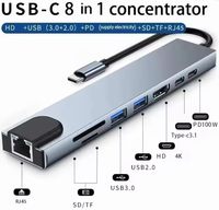   Adaptador Hub USB-C 8 en 1 con Ethernet, 8 Puertos, Cargador PD Tipo-C, Lector de Tarjetas, Conversor de Audio y Video para Proyector, Expansión Funcional