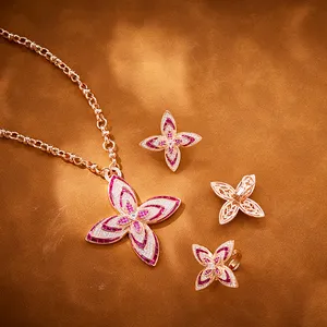 Colorful Zircon Four petal 18k Copper Plated Gold Necklace, Earrings, Ring Set of 3 Gentle and Elegant Women's Jewelry