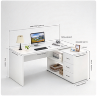 Bureau d'ordinateur moderne en forme de L blanc avec tiroirs de rangement et étagères ouvertes, poste de travail d'angle pour bureau à domicile ou étude