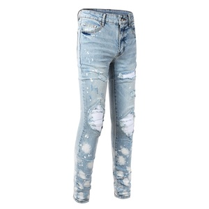 Jeans skinny stretch pour hommes, bleus, de haute qualité, effet usé, style motard, avec trous aux genoux, personnalisables avec patchs, vente en gros - Product Image 5