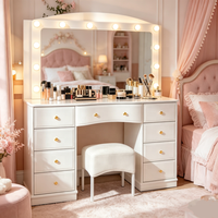 En gros Coiffeuse moderne blanche pour hôtel avec miroir LED, 9 tiroirs et tabouret rembourré, mobilier de chambre