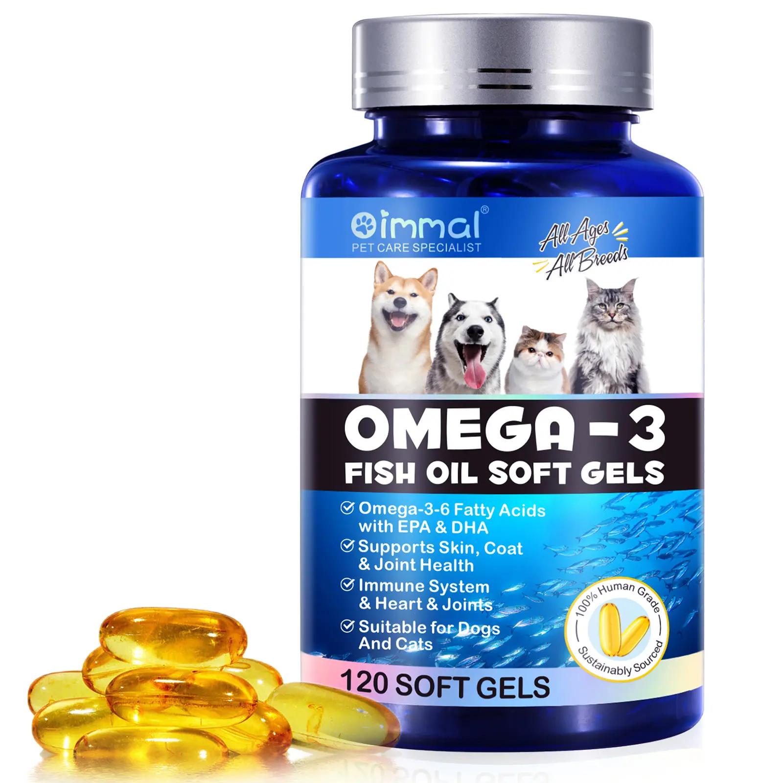 للبيع بالجملة مكملات لصحة القلب ورعاية الحيوانات الأليفة زيت السلمون ألاسكا سوفتجيل Omega 3 كبسولات زيت السمك الهلامي الطري للكلاب والقطط