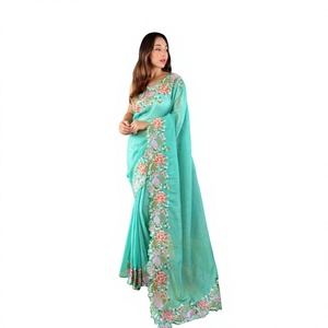 Premium Quality Designer Soft Glossy <b>Silk</b> with Embroidery Work Indian Saree for Women Partywear Collection From India - Product Image 1