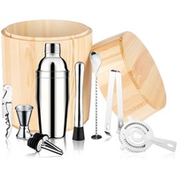 Ensemble de barman avec shaker à cocktails en acier inoxydable, boîte de rangement en bois, pilon, pince à glace, doseur et passoire pour bar et soirées