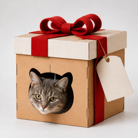 Nichoir pour chat en carton ondulé en forme de boîte cadeau avec nœud en ruban de feutre, griffoir et cachette intérieure pour animaux de compagnie