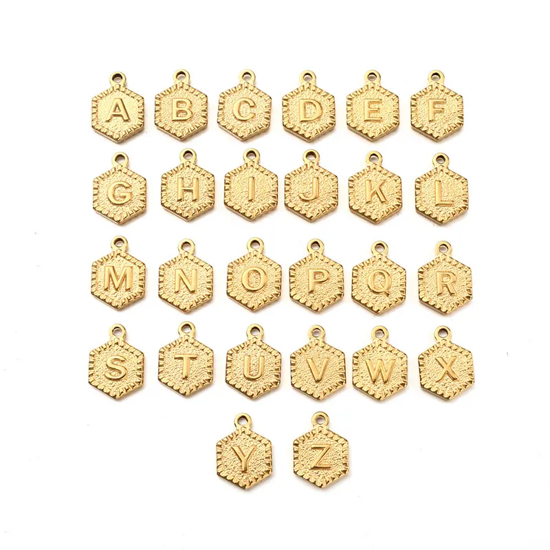 Stainless Steel Gold Geometric Hexagon DIY Pendant Charm Jewelry Accessories Letters Alphabet Initial Necklace Bracelet Pendant