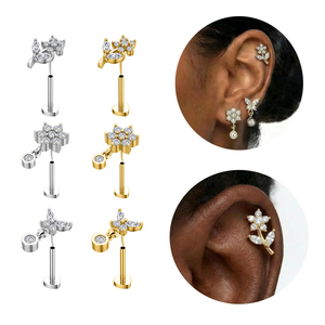 Lot de 3 clous d'oreille sans filetage pour femme, à dos plat, à enfiler, pour <span class=keywords><strong>piercing</strong></span> hélix, tragus, labret, conque, lobe, hypoallergéniques - Product Image 1