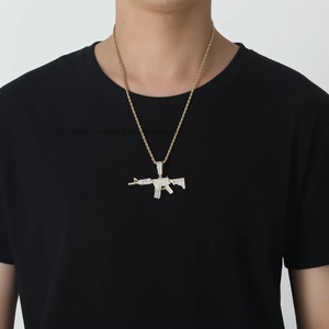 Machine Gun Pendant Necklace, Men's Hip Hop Layered <b>Chain</b>, <b>Copper</b> CZ Encrusted Iced Out Jewelry - Product Image 1