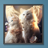 Kit de Peinture Diamant DIY 40x40cm Ailes d'Ange Chats Blancs Diamants Ronds Complet Artisanat Décoration Murale Animaux de Compagnie