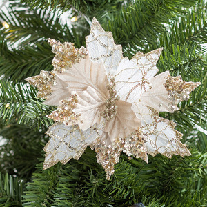 <b>Artificial</b> <b>Poinsettia</b> Flower 21cm Gold Sequined Fabric Christmas Decoration Wedding DIY Accessory - Product Image 2