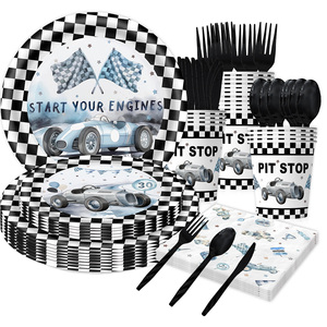 Vendita Diretta dalla Fabbrica Set di Posate e Tovaglioli Personalizzati con Tema Auto Blu su <span class=keywords><strong>Carta</strong></span> Quadrettata Bianca e Nera per Compleanno - Product Image 1