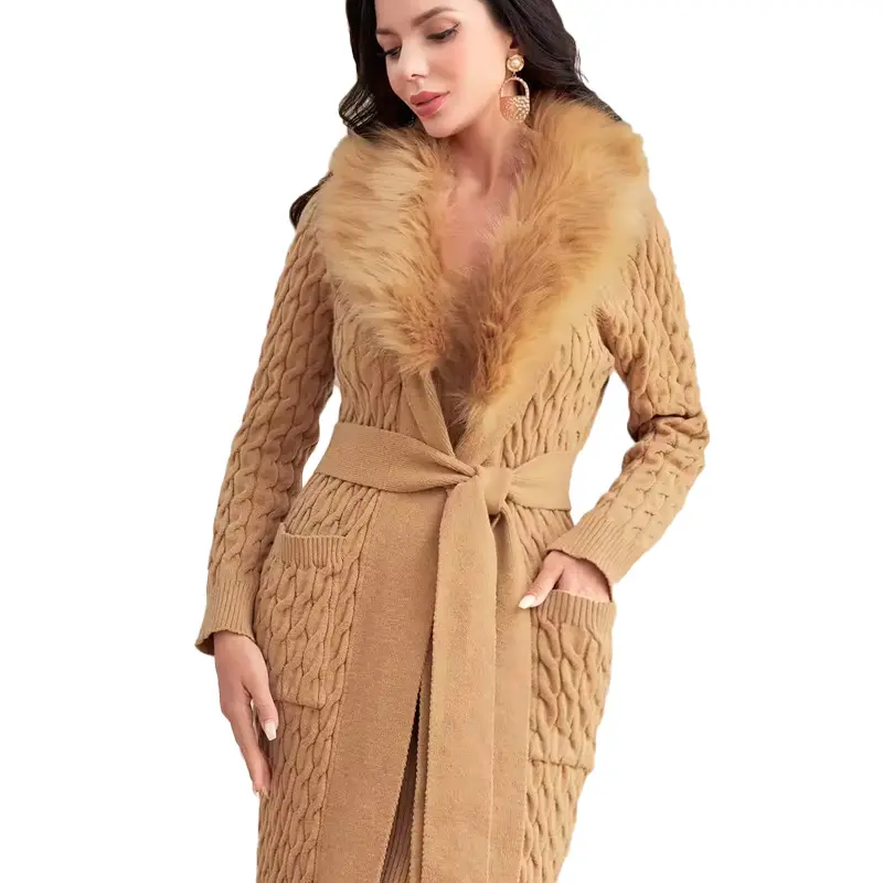 Individuelles LOGO Pullover Damen Winter solide Farbe Slim-Kleid Plüschkragen flauschiger Gürtel gestrickt langer Karden Strickwaren Damenpullover