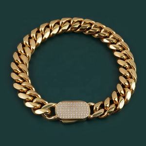 Pulseras de Cadena Cubana Miami de Acero Inoxidable con Baño de Oro PVD de 18K, Estilo Hip Hop, con Cierre de Botón y Circonitas Iced Out - Product Image 1