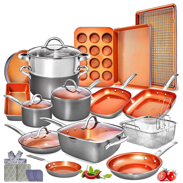 Kitchen Copper Pot and Pan Ceramic Non Stick Coating Nonstick Cookware Sets
