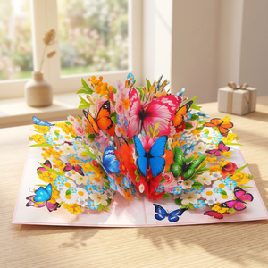 Meilleures ventes : Carte pop-up 3D fleurs et papillons, design personnalisé, faite à la main, découpée au laser, impression offset, décoration d'intérieur, la meilleure - Product Image 1