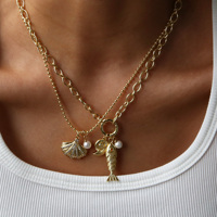 Collar con Colgante de Latón de la Serie Océano, Chapado en Oro de 18K, con Dije de Concha y Perla, Gargantilla para Mujer