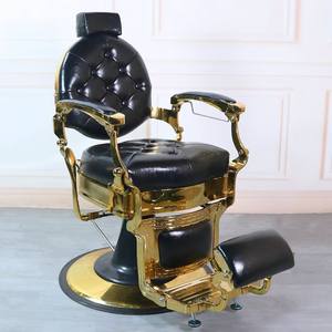 Sillón de Barbería de Estilo Antiguo en Cuero Negro y Dorado con Botones, Base Redonda con Bomba Hidráulica, Silla de Peluquería en Venta - Product Image 1