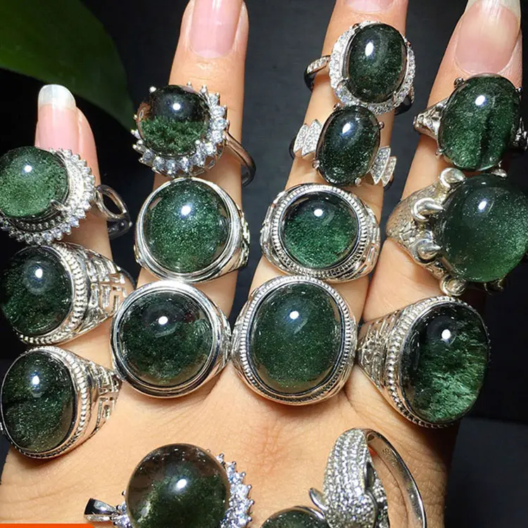 แหวนหยกคริสตัลควอตซ์ Phantom Garden,แหวนคริสตัลสีเขียวแบบปรับได้สำหรับการรักษา