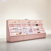 Vitrine murale rose personnalisée pour cosmétiques, avec 3 étagères inclinées combinées, présentoir de maquillage et éclairage LED