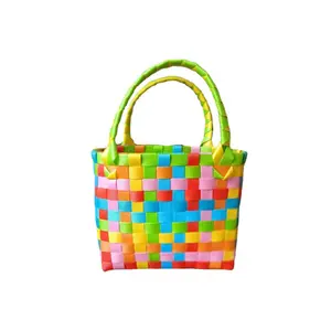 Custom Pvc Woven Small Square Bag Splicing Color To Make Children's Handbag With Gift Bag Creative Straw Bag