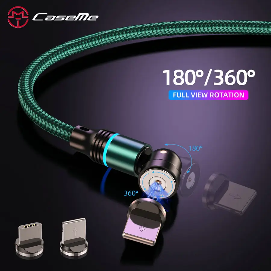 CaseMe-cargador magnético para teléfono móvil, Cable de datos de carga rápida Micro Usb de nailon Led de 1M, rotación de 540 grados, 2.4A, venta al por mayor