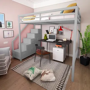 Modern Bedroom Furniture Hostel Adult Metal Bunk Loft Bed With Stairs Single Queen King Dorm Adult Student Metal Loft Bed Frame