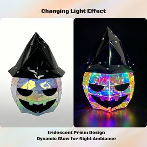 Lanterne citrouille d'Halloween irisée, décor LED Jack-o'-lantern, chapeau de sorcier citrouille holographique prismatique pour accessoire de fête en extérieur - Product Image 5