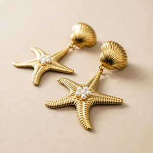Ocean themed pearl starfish and seashell earrings for women extravagant vacation style understated luxury earrings fashion - Product Image 2