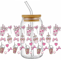 Autocollants de transfert UV DTF à motif de dessin animé avec nœud et tasse en forme de cœur rose pour bouteilles en verre, tasses et ordinateurs portables
