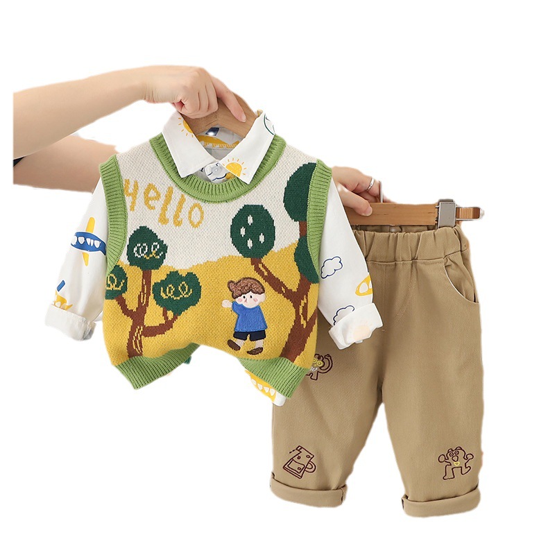 Boys' Autumn Suit Baby Spring and Autumn Cute Long Sleeve Shirt Boys' Sweater Three-piece Set Children's Fashionable Clothes