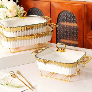 Plaque chauffante rectangulaire dorée en céramique de luxe pour la cuisson, idéale pour les plats de table, les soupes sèches et les casseroles en hôtel - Product Image 2