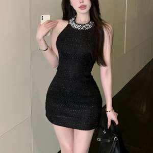 Commercio all'ingrosso in puro poliestere Casual estate senza maniche Vintage tinta unita girocollo Mini rosa senza spalline in <span class=keywords><strong>Tweed</strong></span> vestito attillato Sexy - Product Image 6