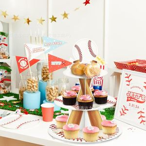 Baseball-Themed Wooden <b>Cake</b> <b>Stand</b> <b>3</b>-<b>Tier</b> Dessert Display Rack For Birthday Parties - Product Image 1