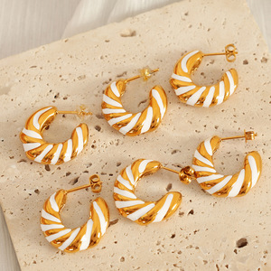 Hoop Earrings Gold White Geometric Design Women's Everyday Wear <b>Titanium</b> Steel EH342 - Product Image 4