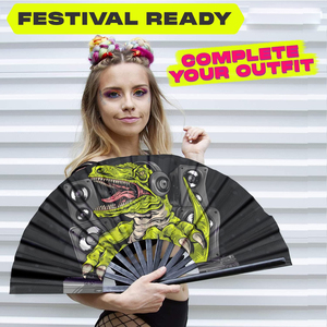 Großer Bambus-Klappfächerfächer mit DJ-Dinosaurier-Design und Kopfhörer-Lautsprecher-Print – <span class=keywords><strong>Rave</strong></span>-Fächer für Musikfestivals, Partys und als Foto-Requisite - Product Image 4