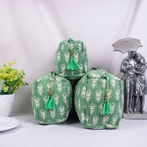 Bolsas de Maquillaje Ecológicas Verdes, Organizador Cosmético de Algodón Acolchado Personalizado, Bolsa de Viaje con Cierre y Borlas para Mujer, Estampado a Mano - Product Image 4