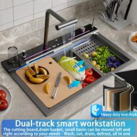 Évier de cuisine intelligent avec robinet cascade, poste de travail, lave-gobelets, robinet extractible, acier inoxydable, sous plan, cuve simple