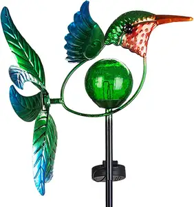 थोक धातु चिड़ियों के साथ ग्लास फटा गेंद प्रकाश सौर संचालित हवा स्पिनर उद्यान हिस्सेदारी रोशनी