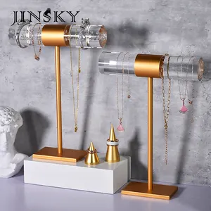 JINSKY Pemegang Display Perhiasan Logam Akrilik Berdiri Menara Perhiasan Organizer untuk Gelang Kalung Tampilan Penyimpanan T-bar Dapat Diterima