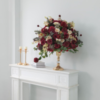Boule de fleurs en soie rouge bordeaux vintage, rose champagne et eucalyptus, centre de table de mariage, décoration de table, vente en gros