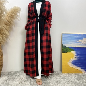 1443# Modest New Abaya Black Border Grid <b>Print</b> With Side Pockets Autumn Women Coat Fashion Fall Abaya - Product Image 4
